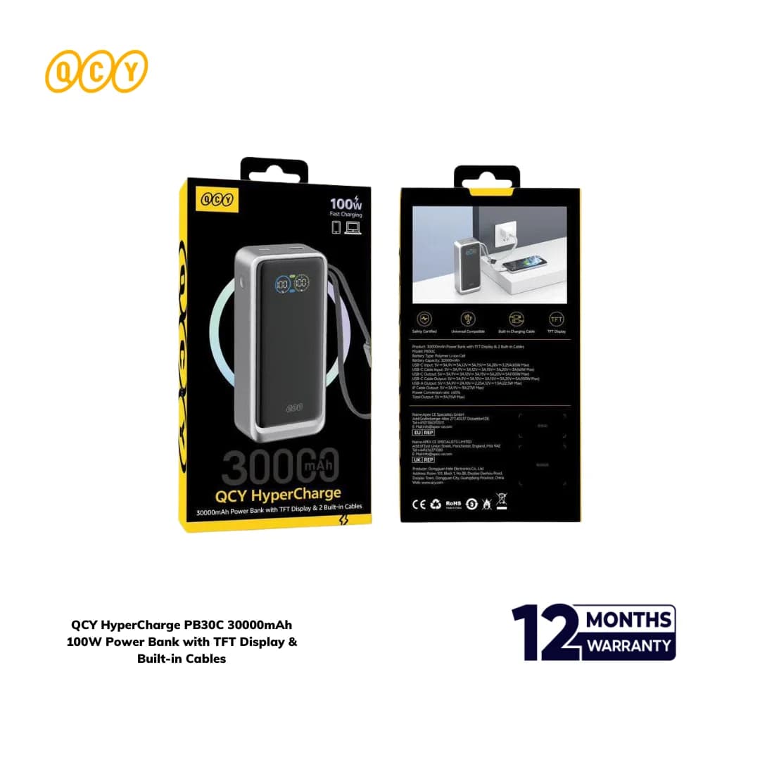 QCY HyperCharge PB30C 30000mAh 100W Power Bank with TFT Display & Built-in Cables - ছবি 1
