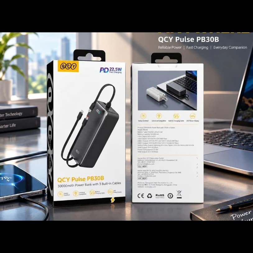 QCY Pulse PB30B 30000mAh Power Bank with 3 Built-in Cables Price in Bangladesh