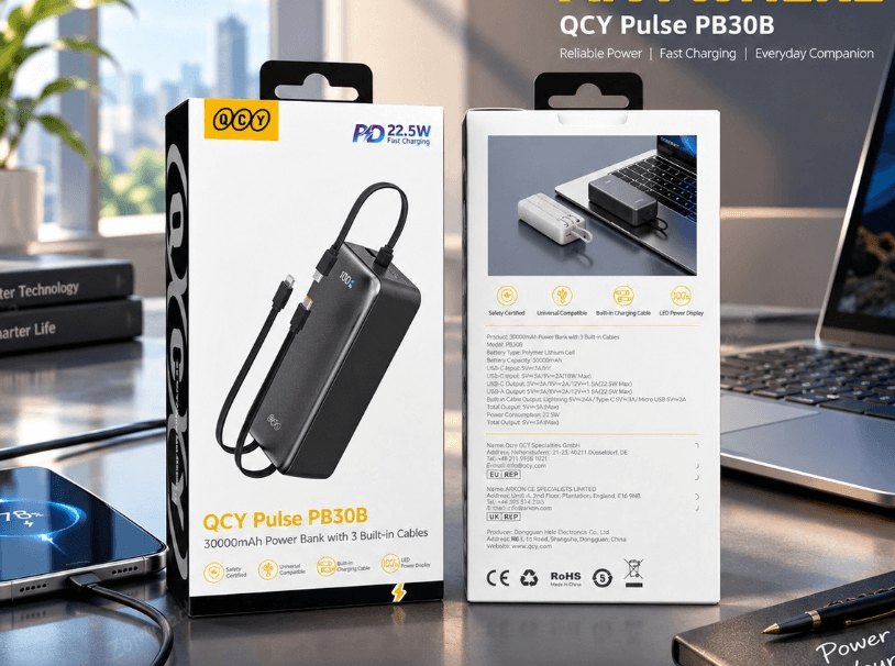 QCY Pulse PB30B 30000mAh Power Bank with 3 Built-in Cables - আসল পণ্য সেরা দামে কিনুন MST Mart