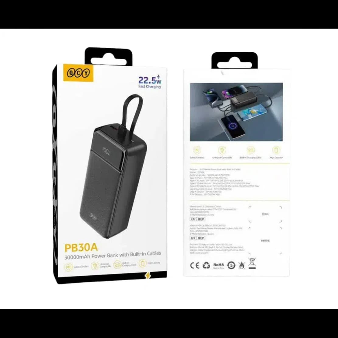QCY Pulse PB30A 30000mAh Power Bank with Built-in Cables - আসল পণ্য সেরা দামে কিনুন MST Mart