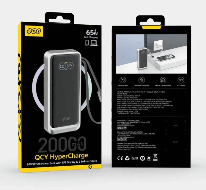 QCY HyperCharge PB20E 20000mAh 65W Power Bank - āϏā§āϰāĻž āĻ
āĻĢāĻžāϰ MST Mart